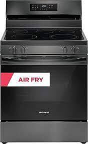 b4634  30-in Glass Top 5 Burners 5.3-cu ft Self-Cleaning Air Fry Freestanding Electric Range (Black Stainless Steel) Frigidaire FCRE3083AD  -- LIKE-NEW, NEAR PERFECT CONDITION