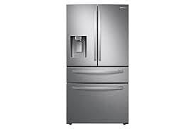 E147  28 cu. ft. 3-Door French Door Refrigerator with AutoFill Water Pitcher in Stainless Steel  Samsung  RF28R7201SR  -- SCRATCH & DENT, GOOD CONDITION